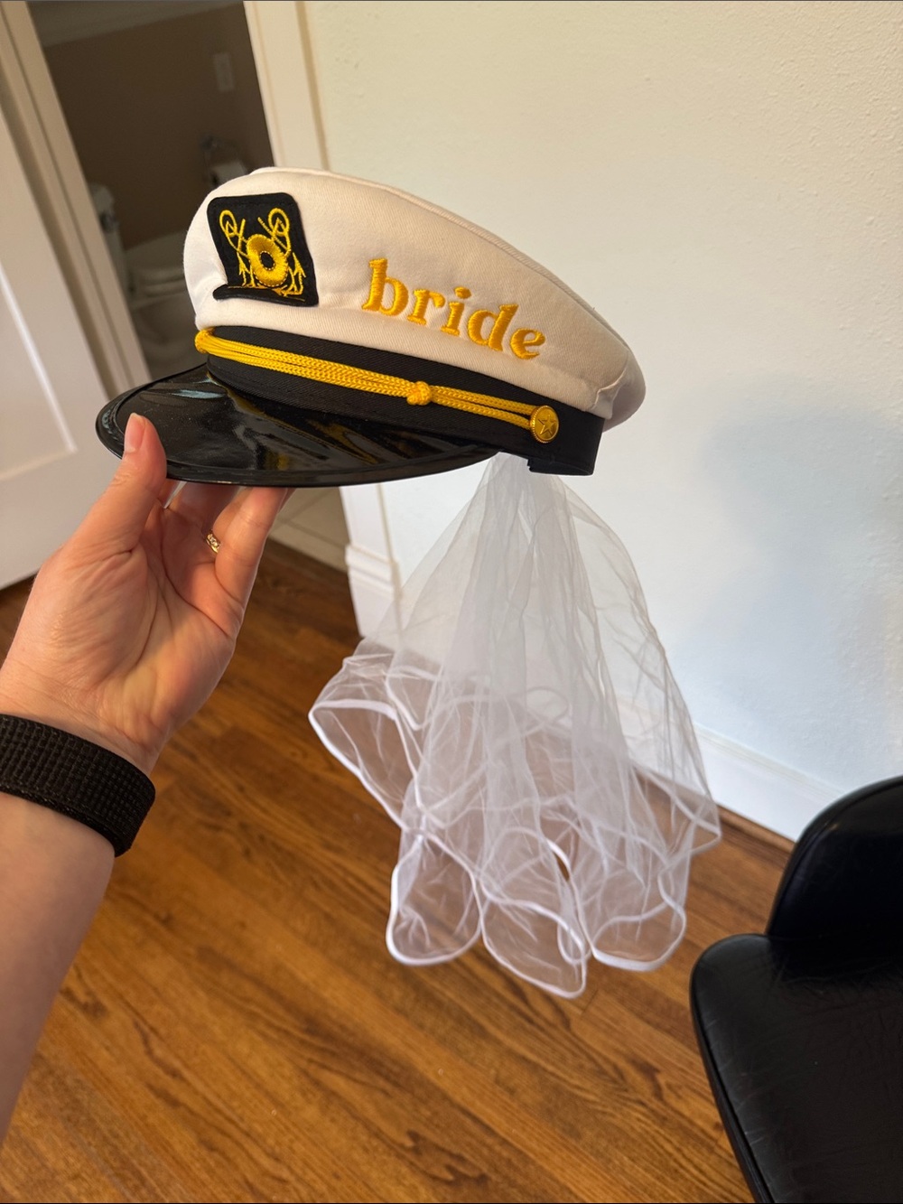 Bride Nautical Captain Hat with Veil - White and Gold